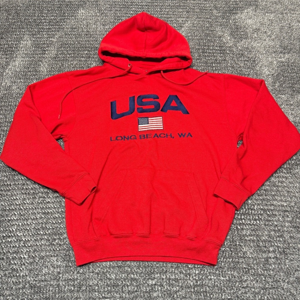 Pacific & Co‎ Mens Hoodie Small Red USA American Flag Long Beach WA Pullover